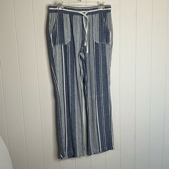 C est 1946 Womens Size Medium Linen Blend Pants Blue White Stripe Tie Waist - Picture 1 of 10